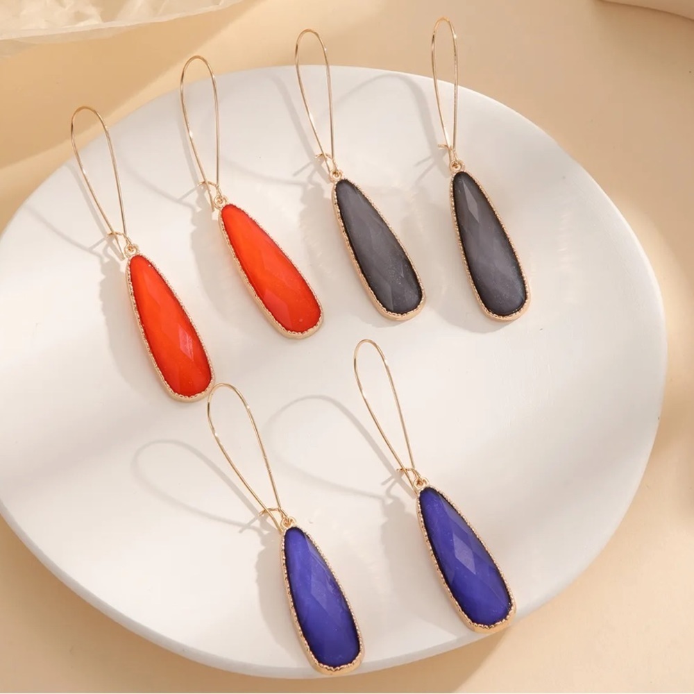 3 Pairs Gold Geometric Gemstone Drop Earrings